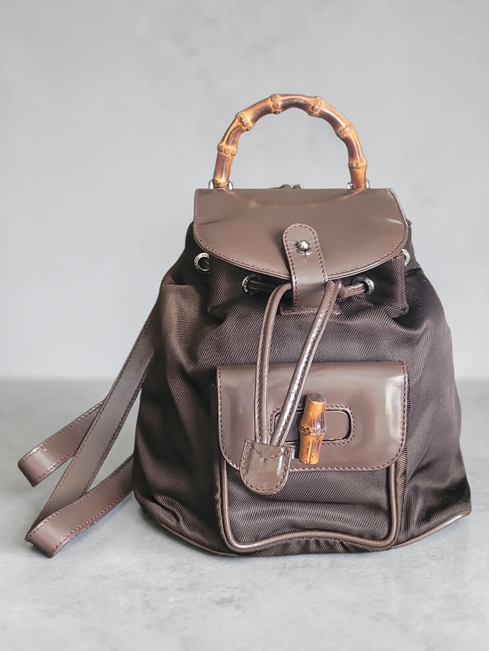 Gucci Vintage Mini Bamboo Backpack Leather Nylon Drk Brown